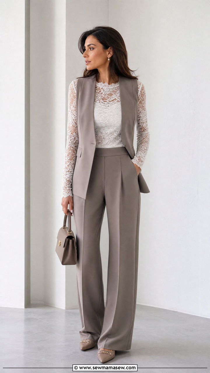 Lace Top With Suit Pants And Vest - 20 lace top outfit ideas