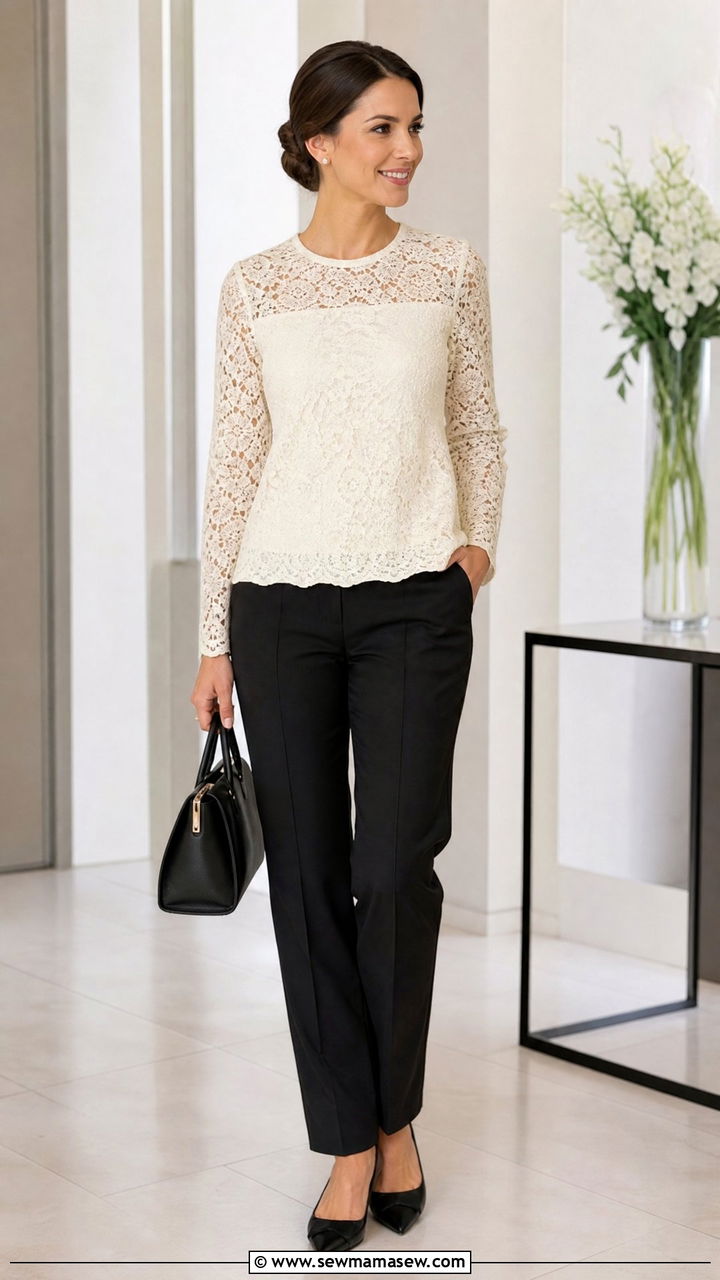 Lace Top With Tailored Trousers Outfit - 20 church tops outfit ideas