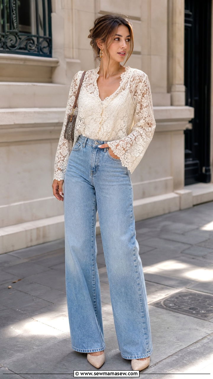 Lace Top With Wide Leg Jeans Outfit - 20 feminine top outfit ideas
