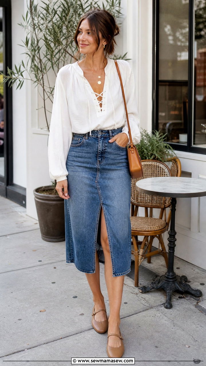 Lace Up Blouse With Denim Skirt - 20 lace up top outfit ideas