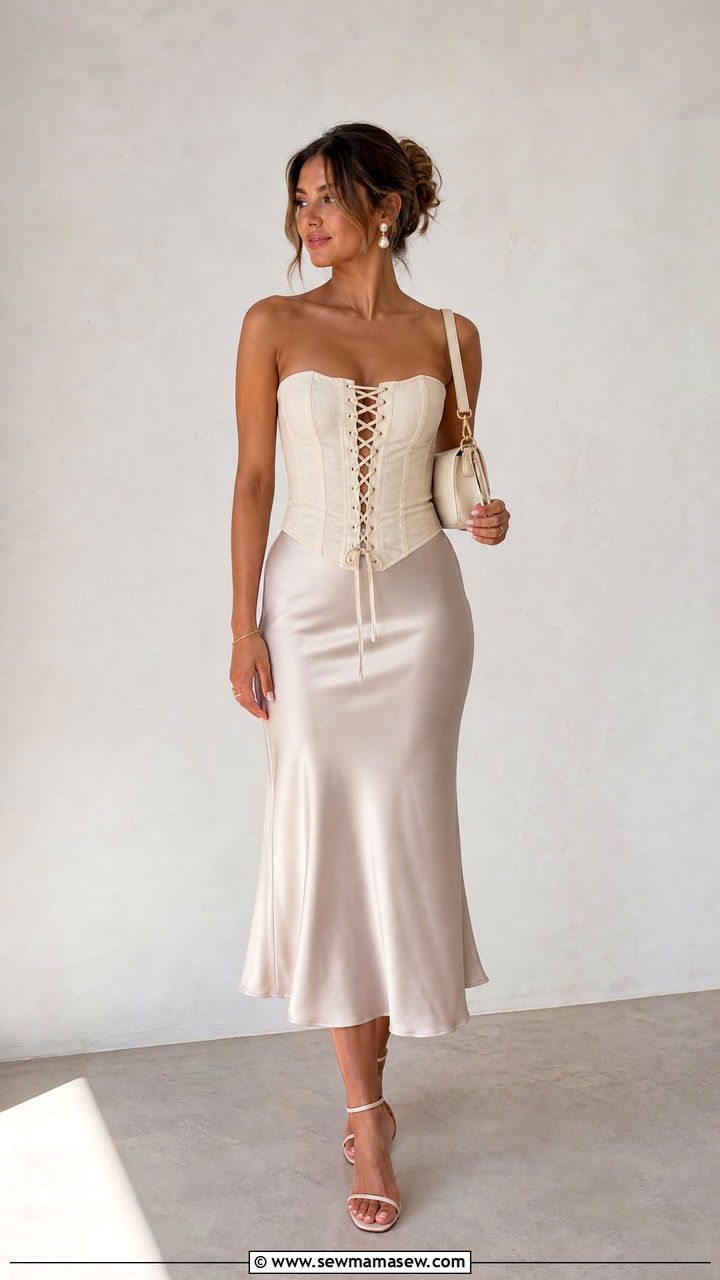 Lace Up Corset Top With Midi Skirt - 20 lace up top outfit ideas