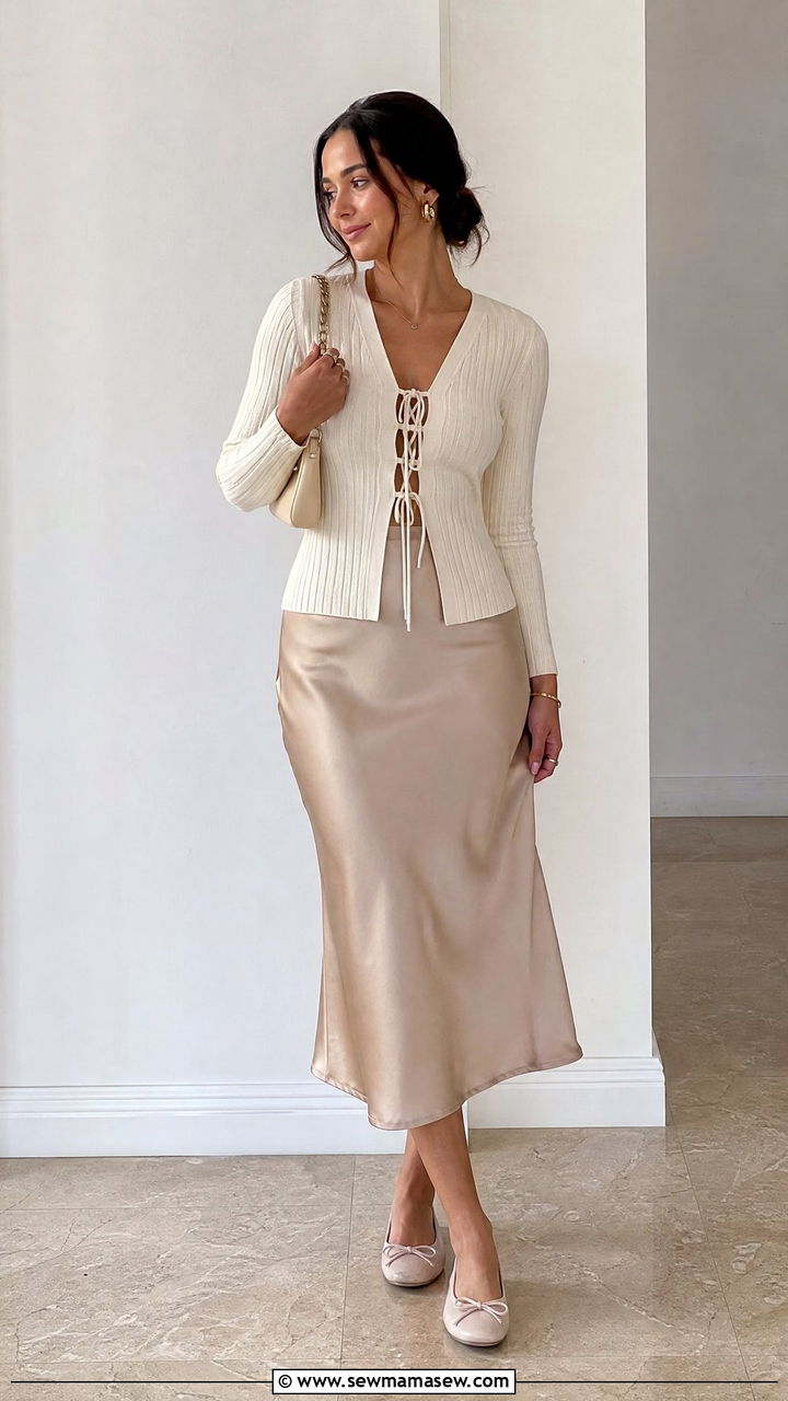 Lace Up Knit Top With Satin Skirt - 20 lace up top outfit ideas