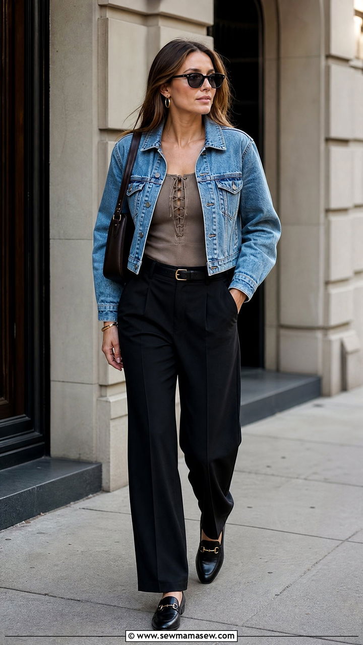 Lace Up Top With Denim Jacket And Trousers - 20 lace up top outfit ideas
