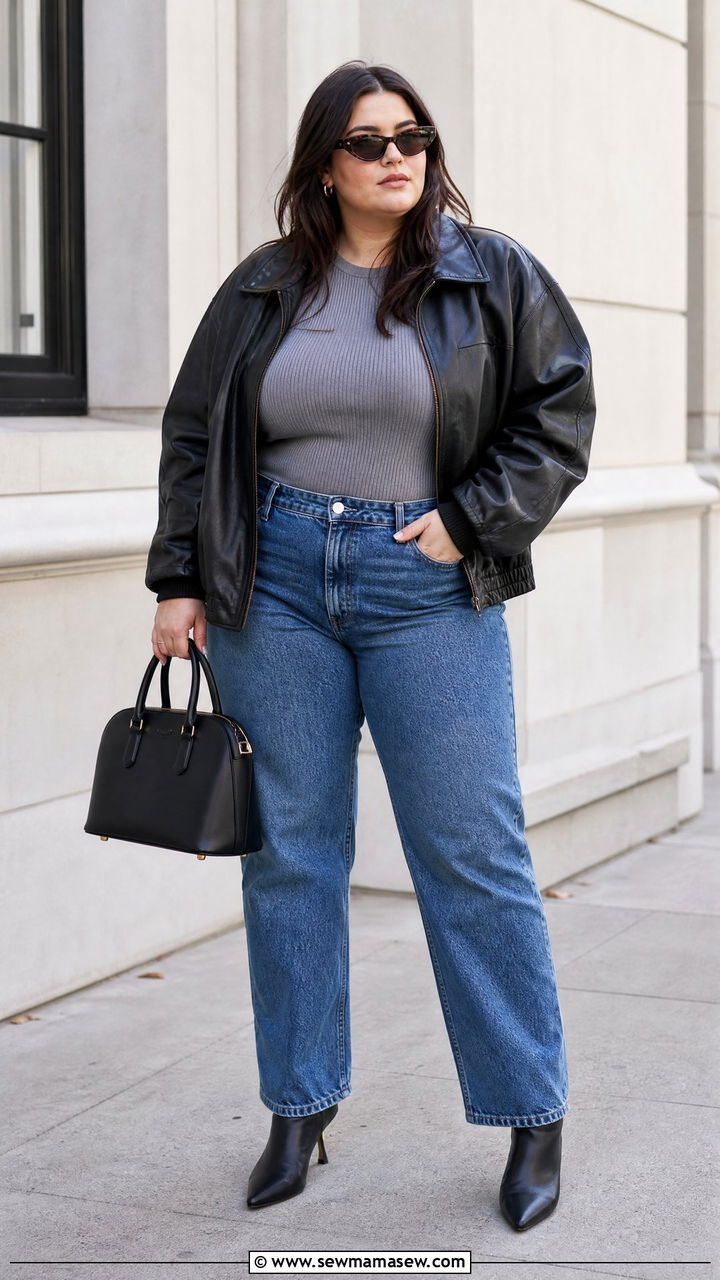 Leather Bomber Jacket With Straight Leg Jeans - 20 plus size bomber jacket outfit ideas
