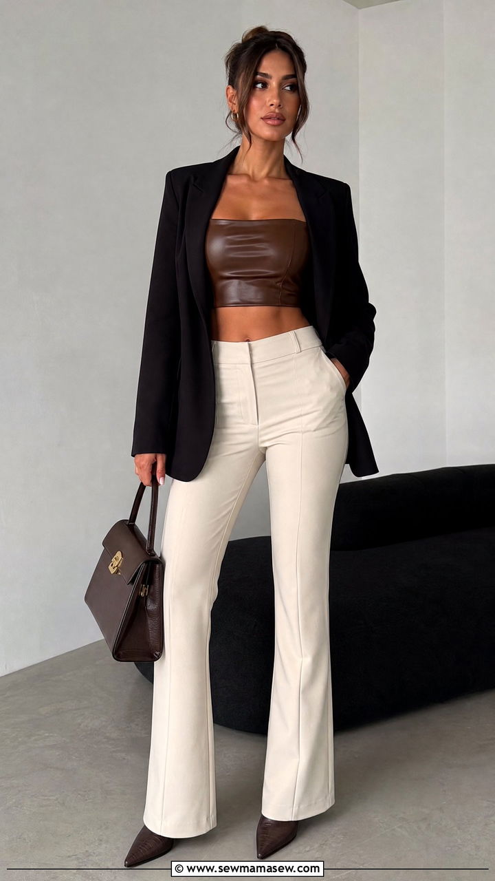 Leather Crop Top With Bootcut Pants - 20 crop top with bootcut pants outfit ideas