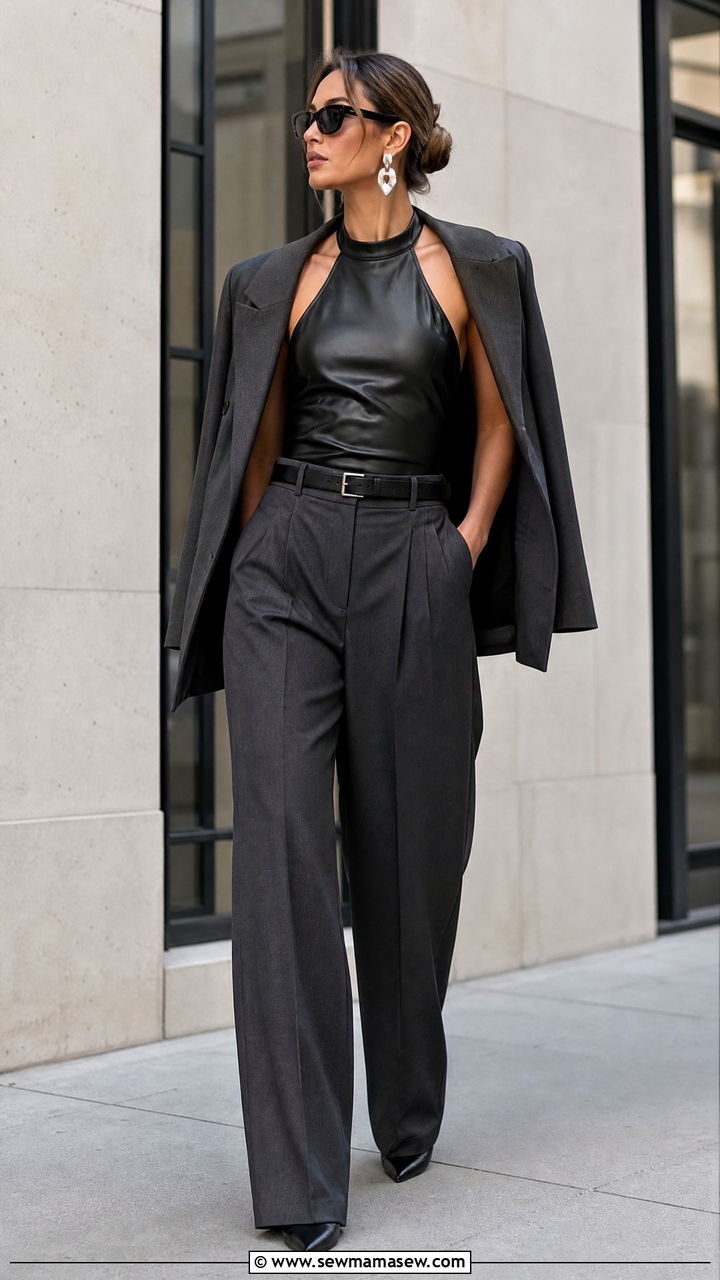 Leather Halter Top And Tailored Trousers Outfit - 20 edgy top outfit ideas