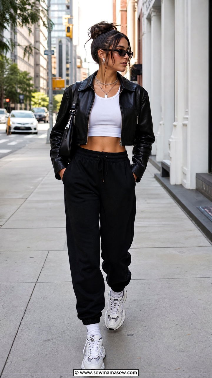Leather Jacket Crop Top And Joggers Outfit - 20 crop top and joggers outfit ideas