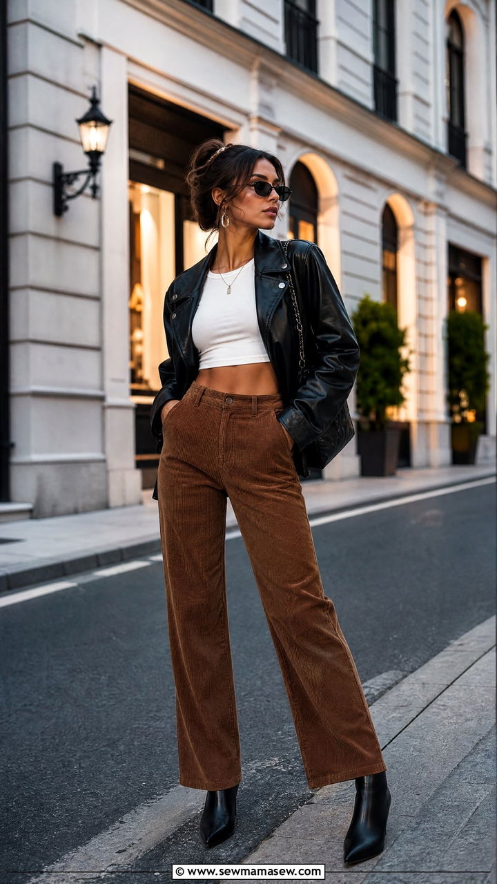 Leather Jacket Crop Top With Corduroy Pants - 20 crop top with corduroy pants outfit ideas