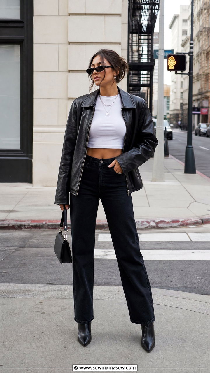 Leather Jacket With Crop Top And Black Jeans - 20 crop top with black jeans outfit ideas