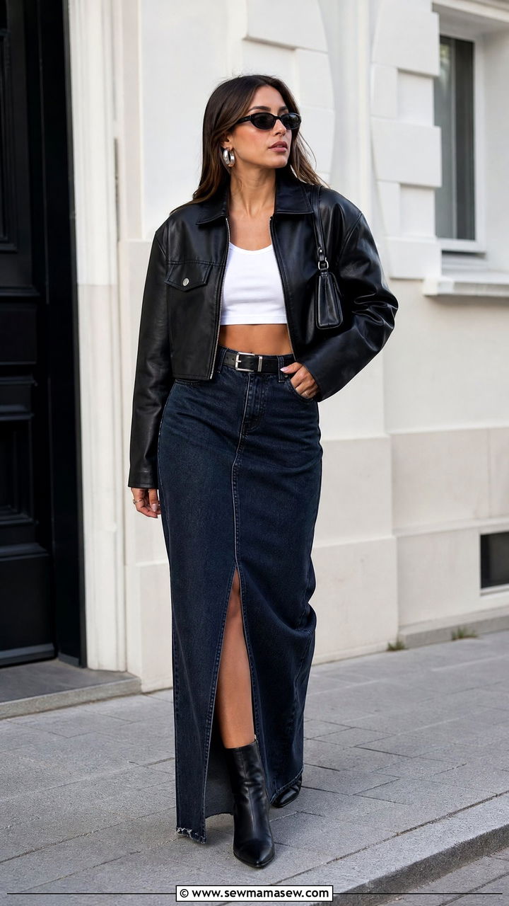 Leather Jacket With Crop Top And Denim Maxi Skirt - 20 crop top with denim maxi skirt outfit ideas