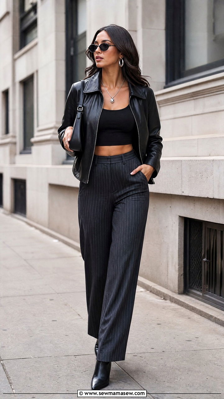 Leather Jacket With Crop Top And Pinstripe Pants - 20 crop top with pinstripe pants outfit ideas