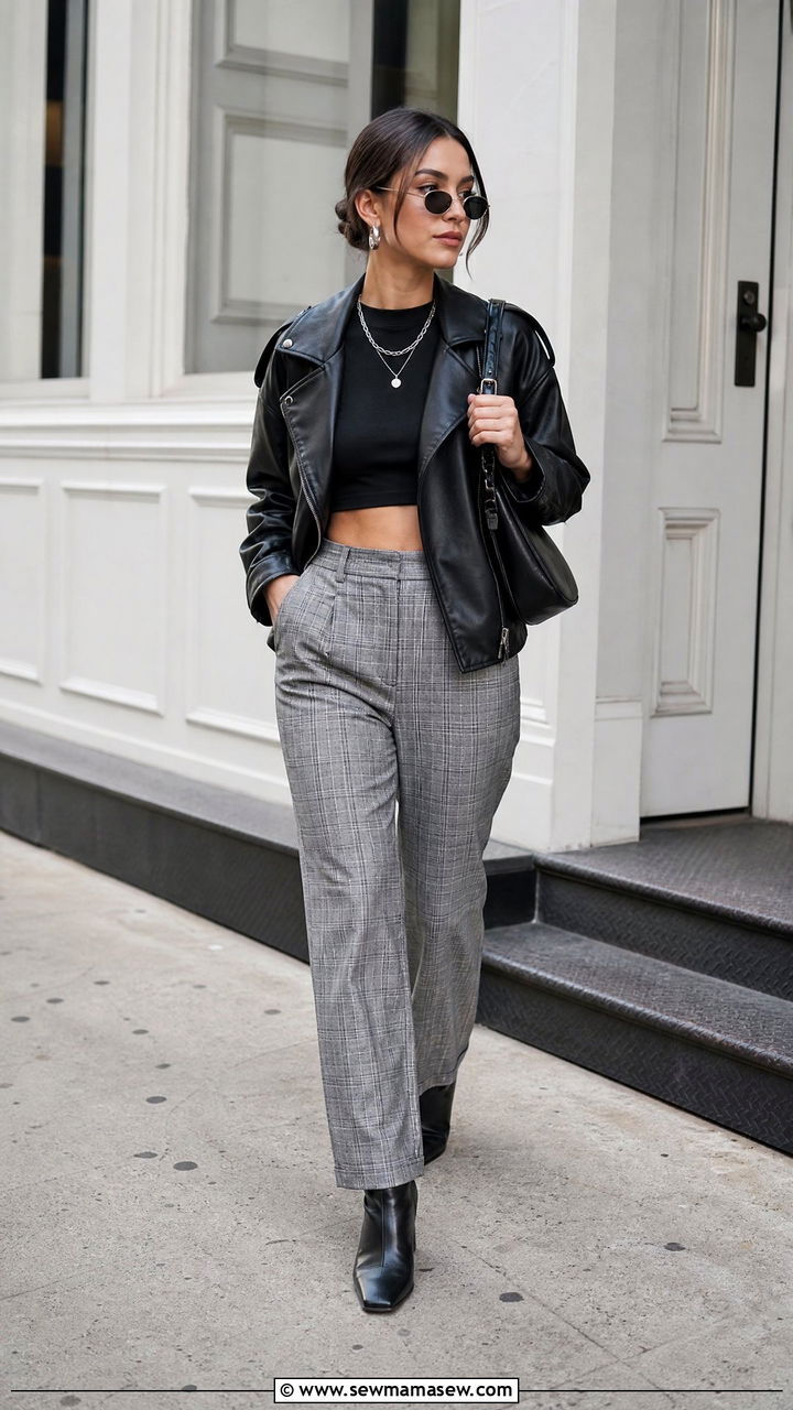 Leather Jacket With Crop Top And Plaid Pants Outfit - 20 crop top with plaid pants outfit ideas