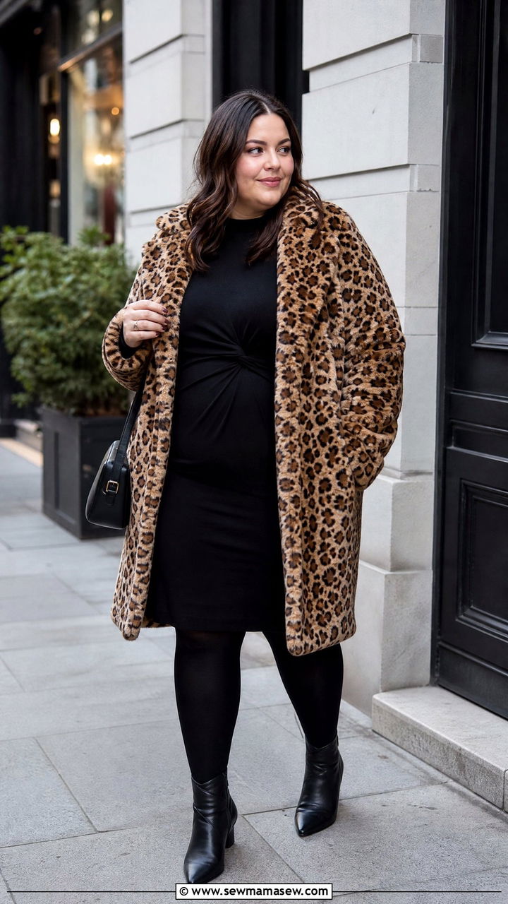 Leopard Faux Fur Coat With Black Midi Dress - 20 plus size faux fur coat outfit ideas