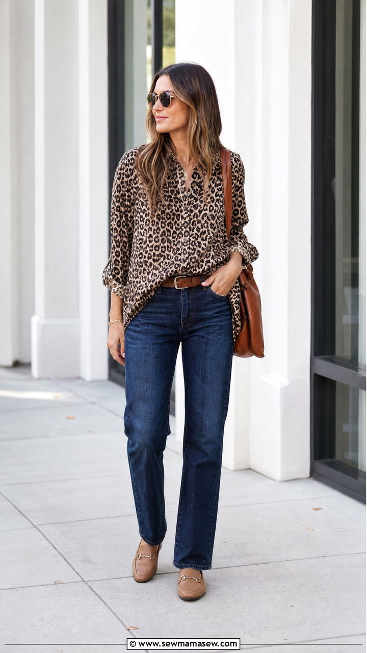 Leopard Print Button Down With Blue Jeans - 20 leopard print top outfit ideas
