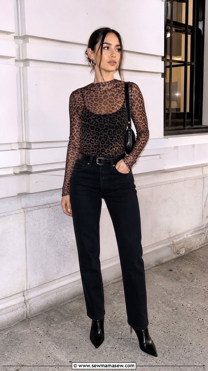 Leopard Print Mesh Top With Black Jeans - 20 leopard print top outfit ideas