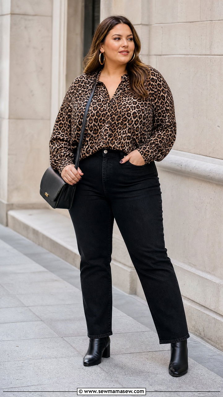Leopard Print Top With Black Jeans - 20 plus size animal print top outfit ideas