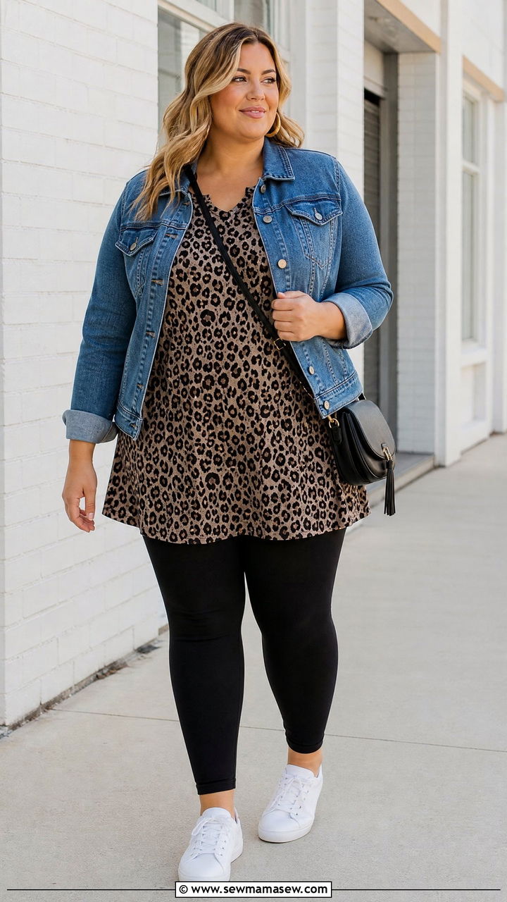 Leopard Print Top With Black Leggings - 20 plus size animal print top outfit ideas