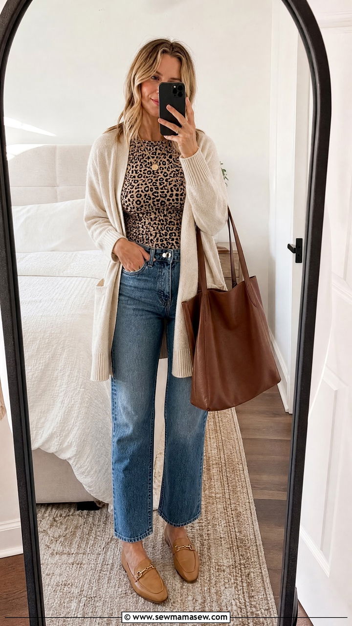 Leopard Print Top With Cardigan And Jeans - 20 leopard print top outfit ideas