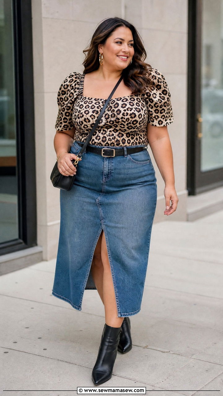 Leopard Print Top With Denim Skirt - 20 plus size animal print top outfit ideas