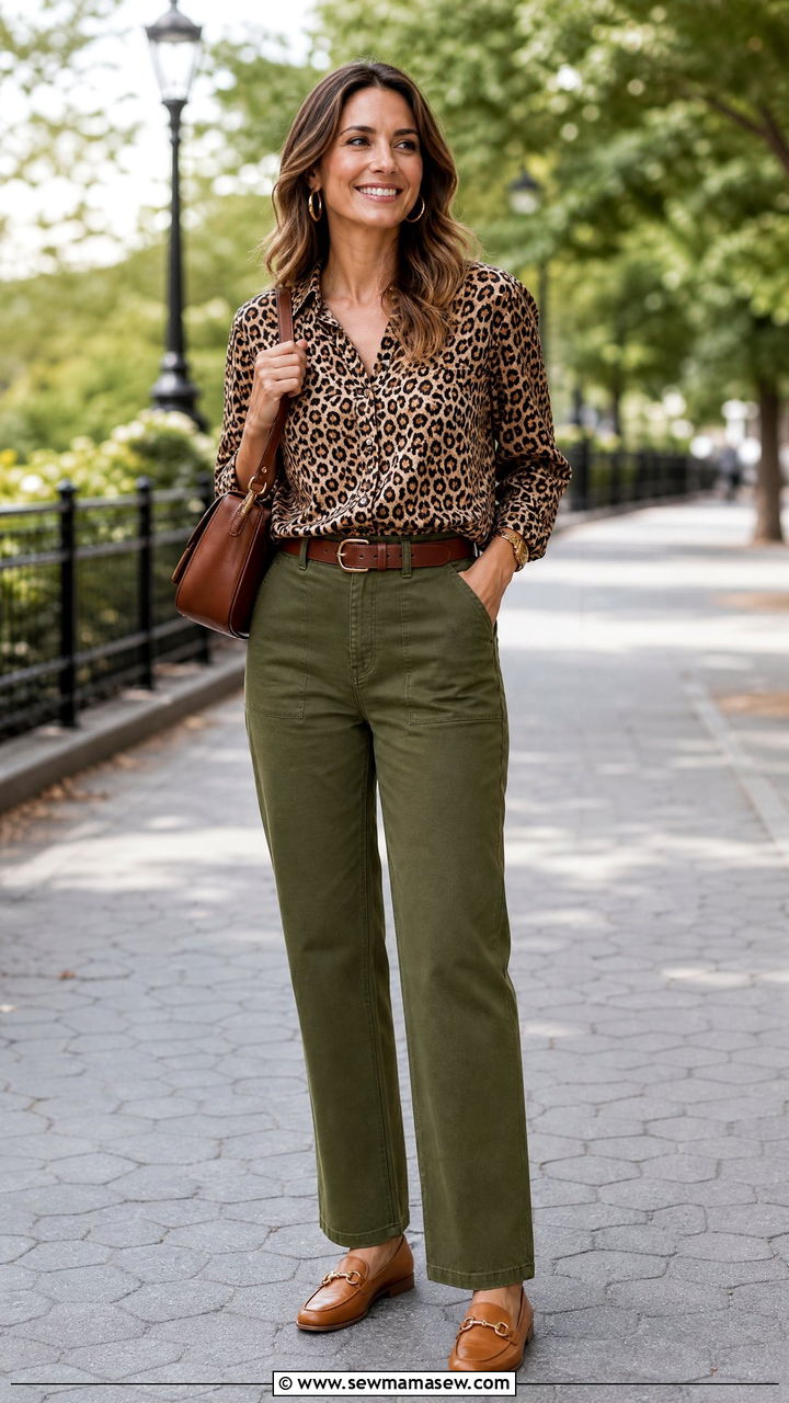 Leopard Print Top With Olive Pants - 20 leopard print top outfit ideas