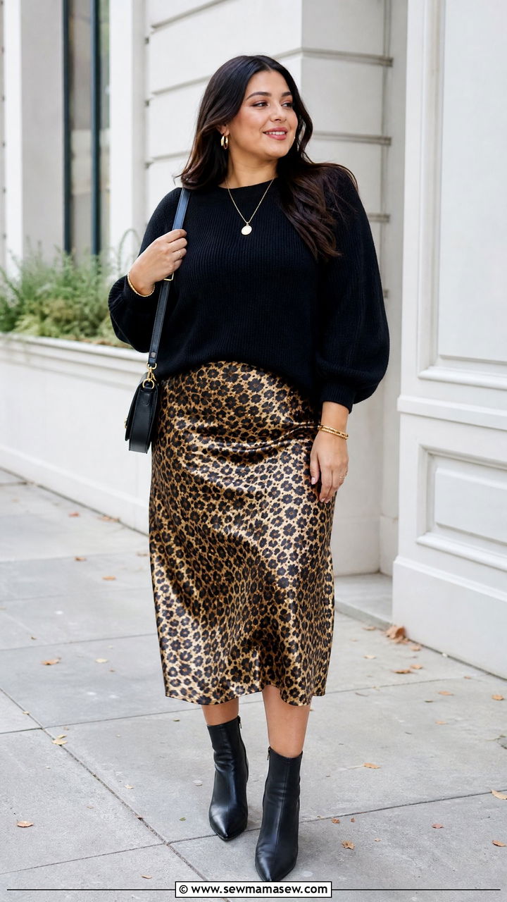 Leopard Satin Skirt With Black Sweater - 20 plus size satin skirt outfit ideas