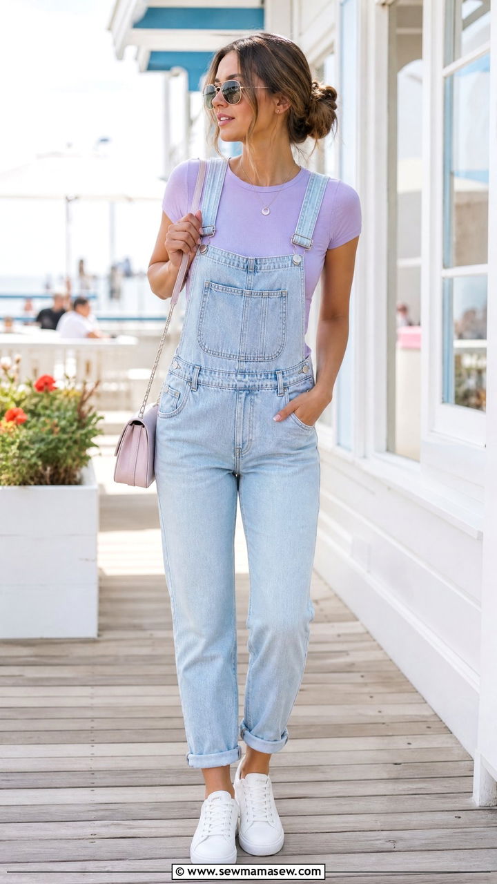 Light Wash Dungarees With Pastel Crop Top - 20 crop top with dungarees outfit ideas