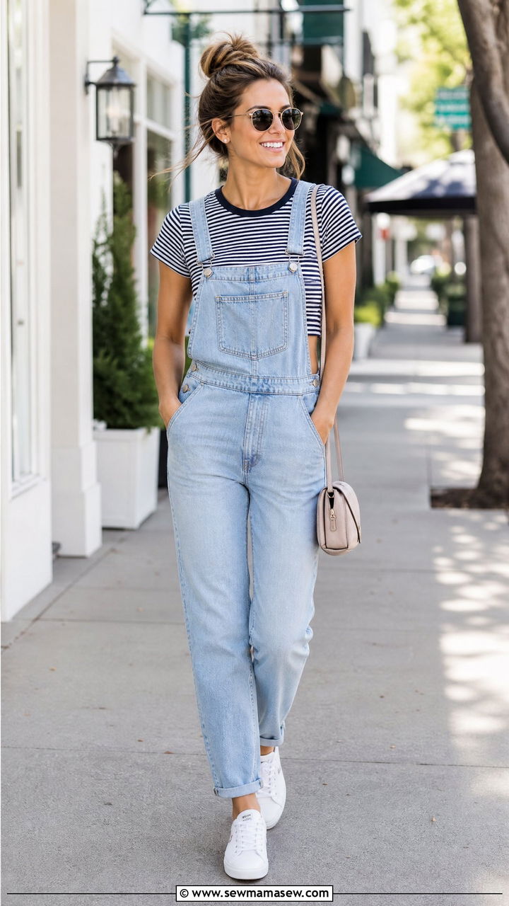 Light Wash Overalls With Striped Crop Top - 20 crop top with overalls outfit ideas