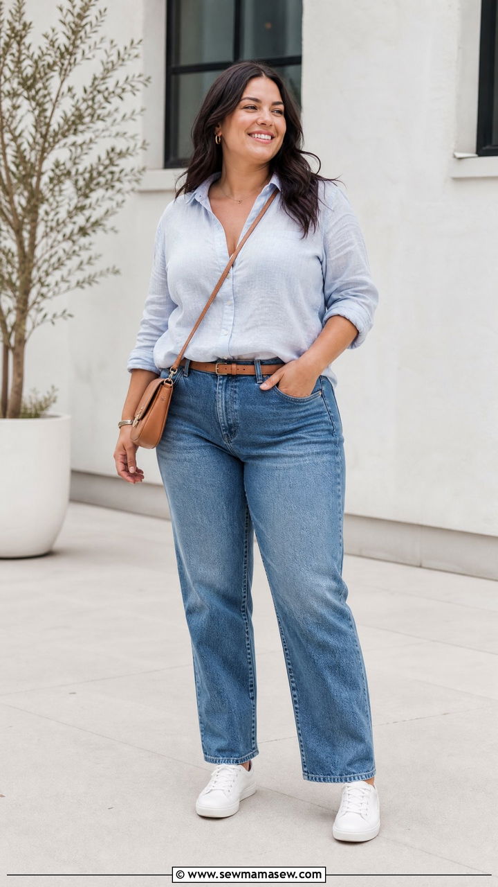 Linen Button Down With Straight Leg Jeans - 20 plus size linen top outfit ideas