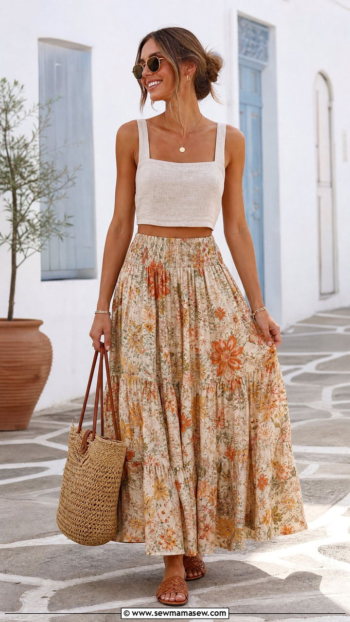 Linen Crop Top With Floral Maxi Skirt Outfit - 20 crop top with floral maxi skirt outfit ideas