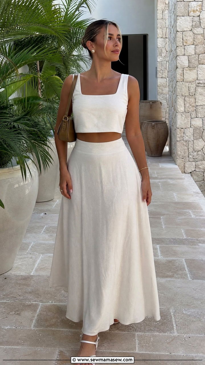 Linen Crop Top With Matching Linen Maxi Skirt - 20 linen crop top summer outfit ideas