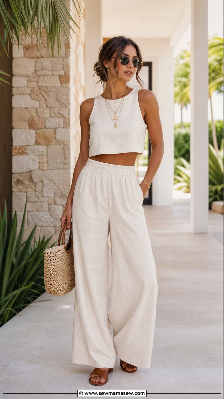 Linen Crop Top With Matching Linen Wide Leg Pants - 20 crop top with linen wide leg pants outfit ideas