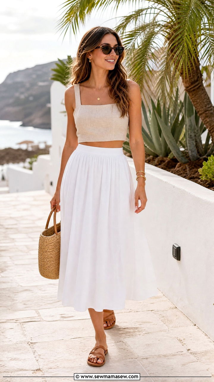 Linen Crop Top With White Midi Skirt - 20 crop top with midi skirt outfit ideas
