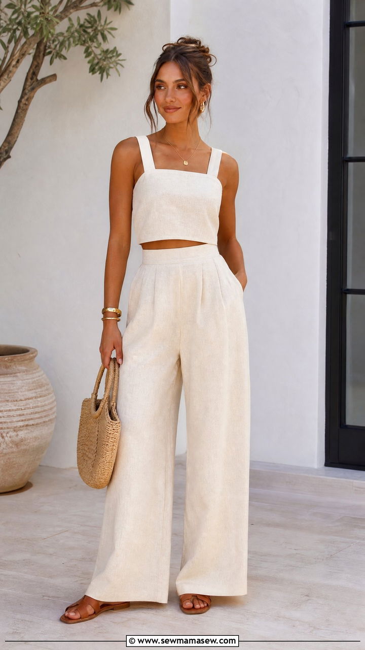 Linen Crop Top With Wide Leg Pants - 20 summer crop top date night outfit ideas