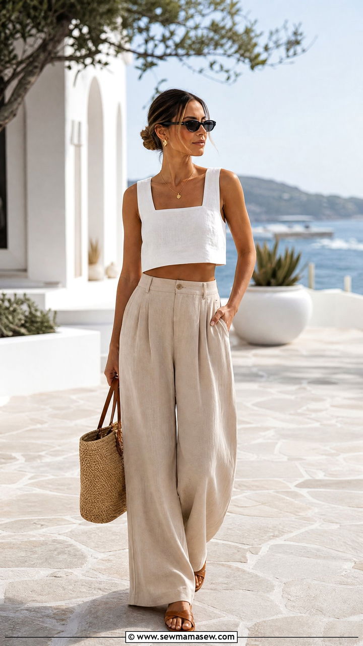 Linen Crop Top With Wide Leg Pants - 20 crop top outfit ideas for vacation