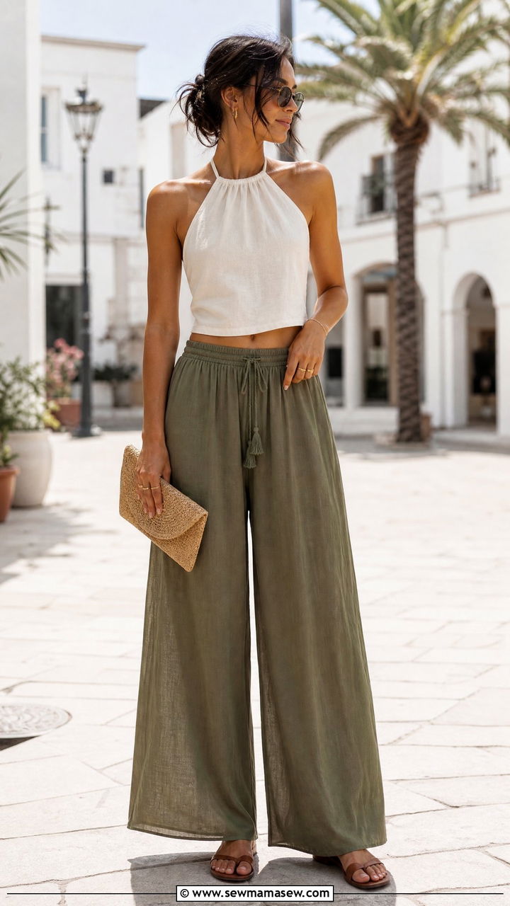 Linen Halter Crop Top With Flowy Palazzo Pants - 20 linen crop top summer outfit ideas