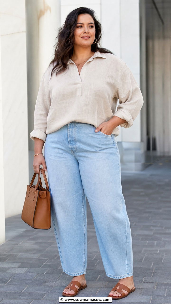 Linen Popover Top With Barrel Jeans - 20 plus size linen top outfit ideas
