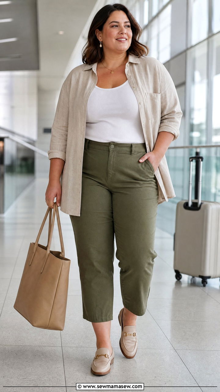 Linen Shirt Jacket With Tank And Trousers - 20 plus size linen top outfit ideas