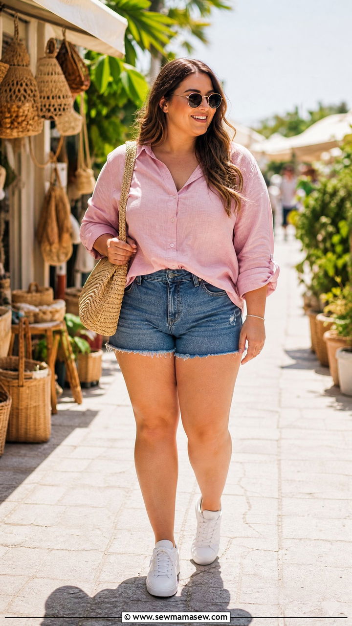 Linen Shirt With Denim Shorts - 20 plus size linen top outfit ideas