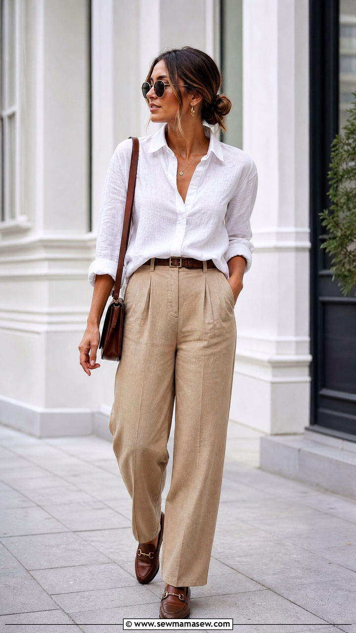 Linen Shirt With Pleated Trousers - 20 linen shirt outfit ideas