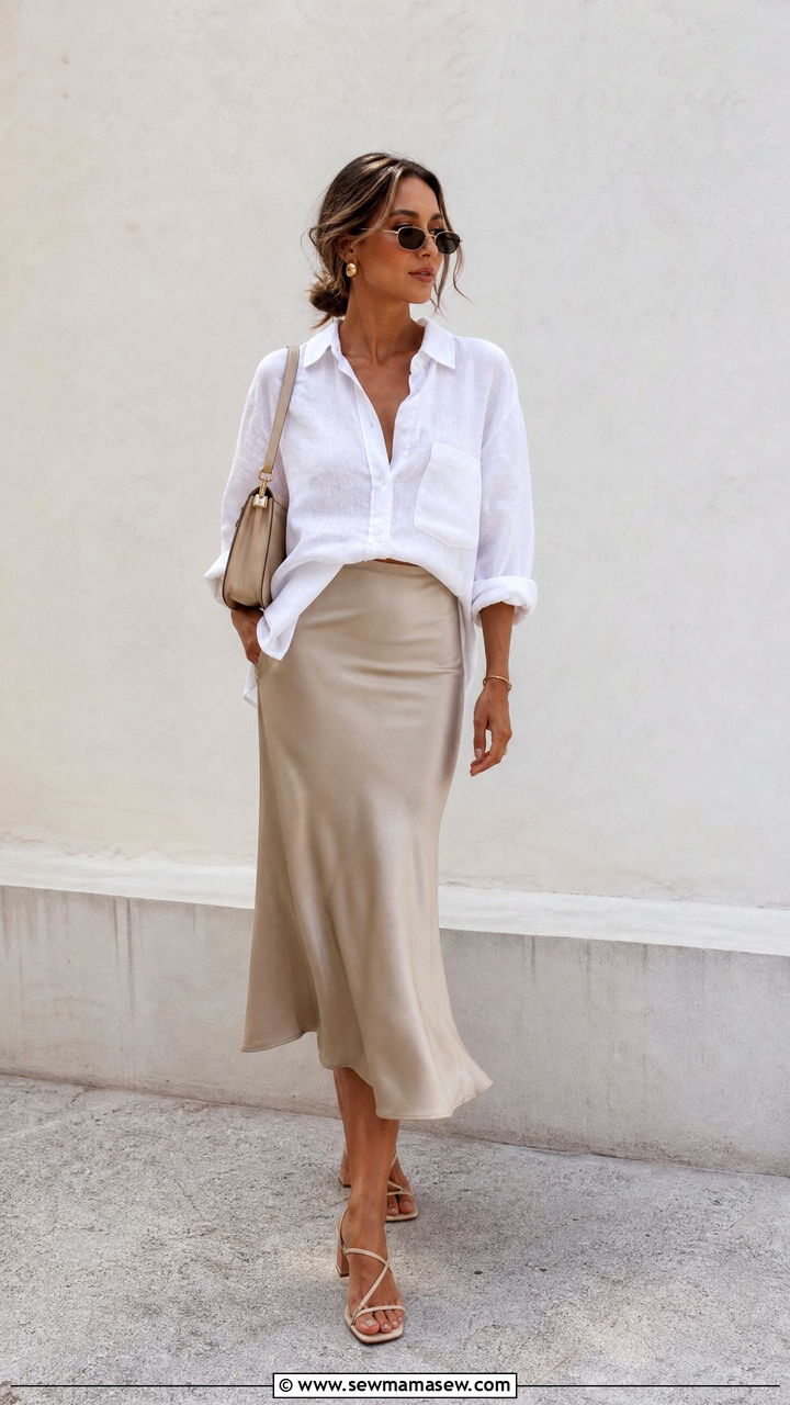 Linen Shirt With Slip Skirt - 20 linen top outfit ideas