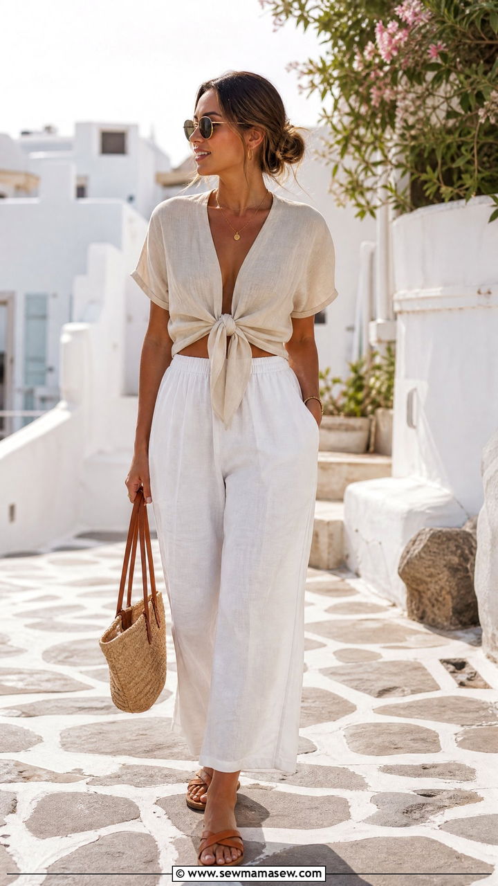 Linen Tie Front Top With Linen Pants - 20 tie front top outfit ideas