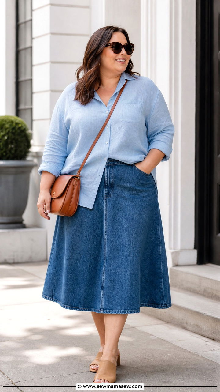 Linen Top With Denim Midi Skirt - 20 plus size linen top outfit ideas