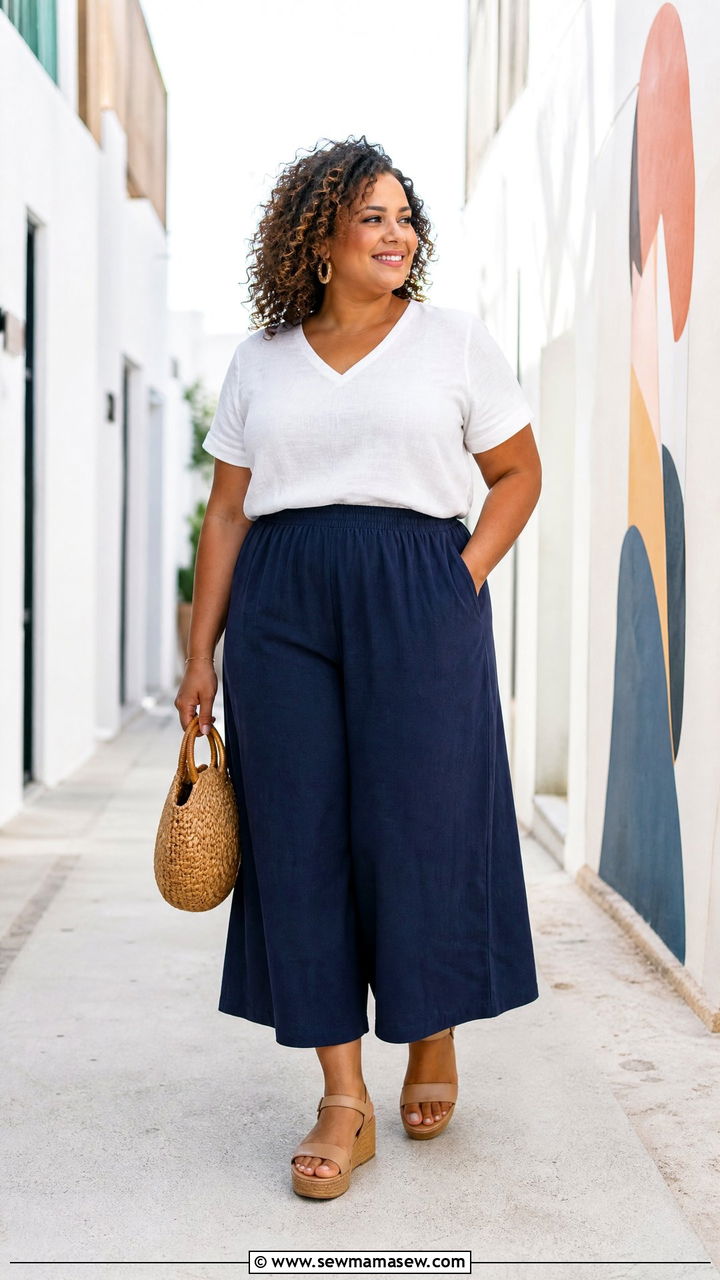 Linen Top With Flowy Culottes - 20 plus size linen top outfit ideas