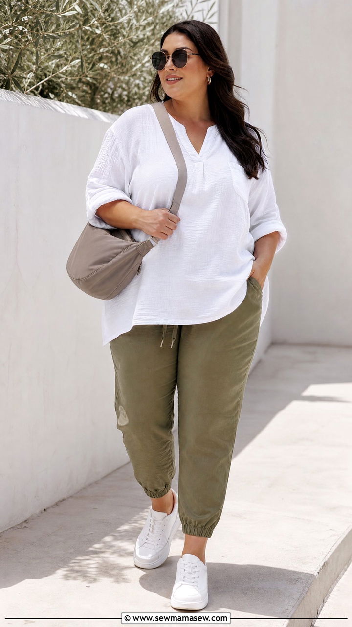 Linen Top With Relaxed Jogger Pants - 20 plus size linen top outfit ideas