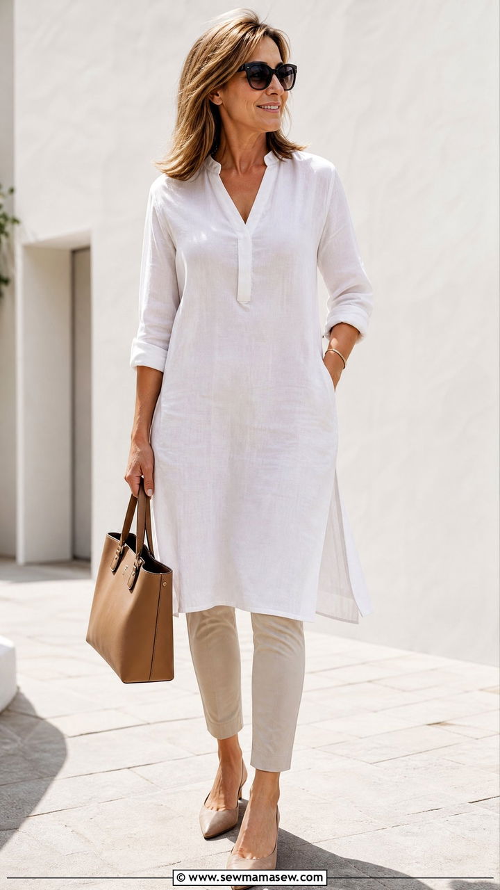 Linen Tunic Top With Slim Pants - 20 linen top outfit ideas