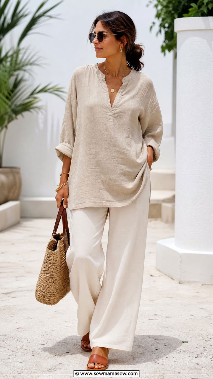 Linen Tunic Top With Wide Leg Pants - 20 tunic top outfit ideas