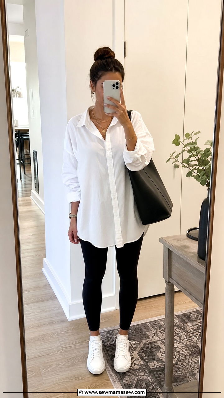 Long Button Down Shirt With Leggings - 20 tops to hide belly outfit ideas