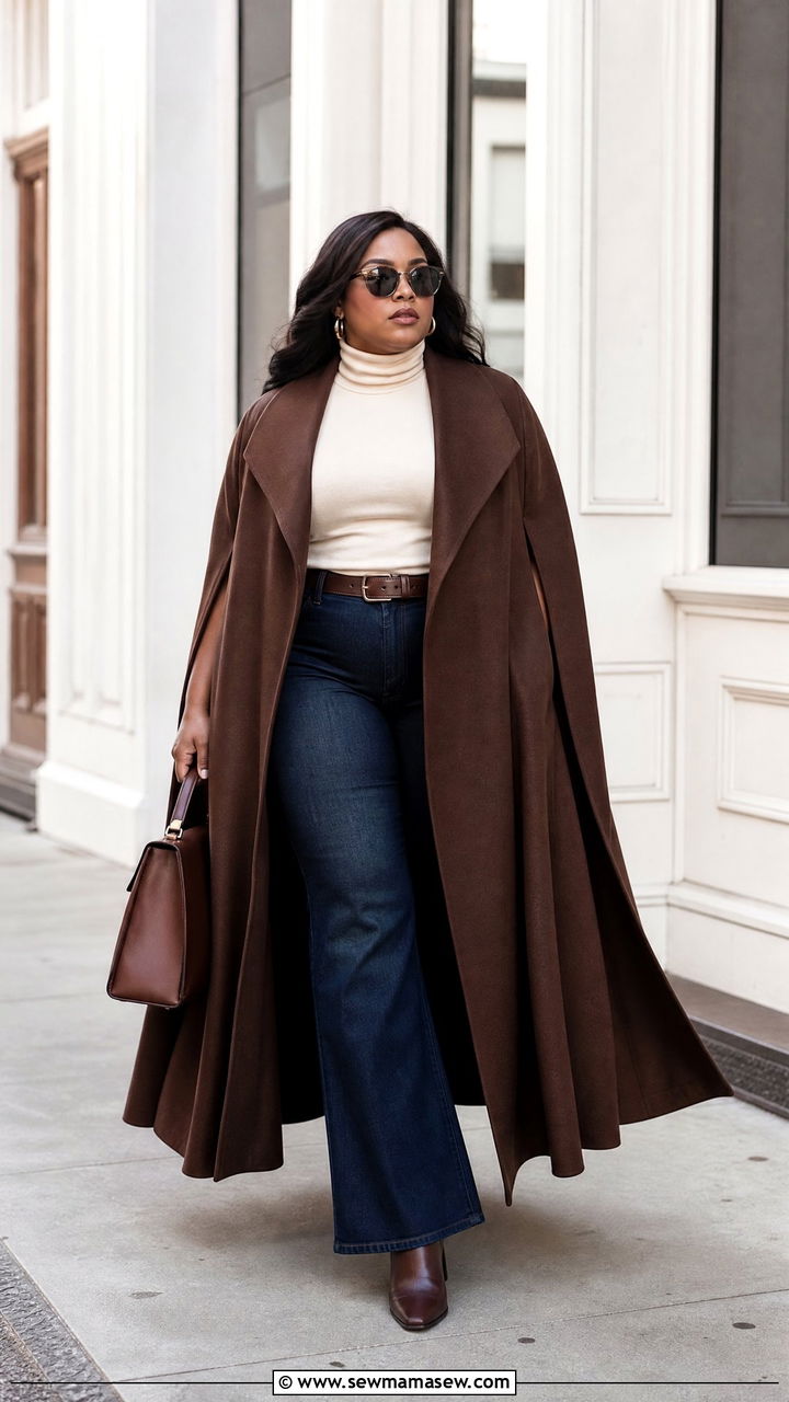 Long Cape Coat With Flared Jeans - 20 plus size cape coat outfit ideas