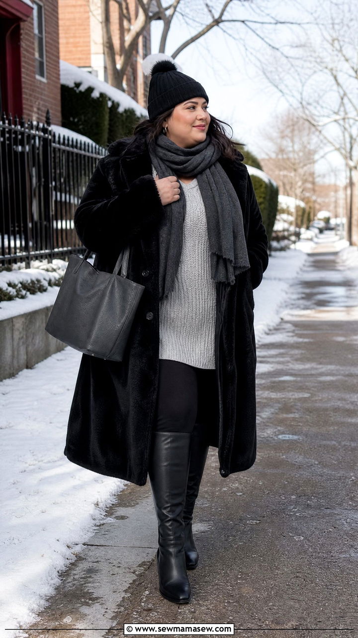 Long Faux Fur Coat With Leggings And Boots - 20 plus size faux fur coat outfit ideas