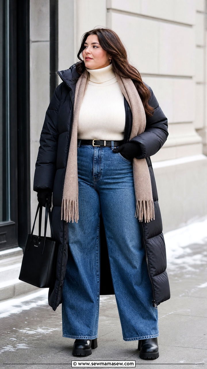 Long Plus Size Puffer Coat With Wide Leg Jeans - 20 plus size puffer jacket outfit ideas